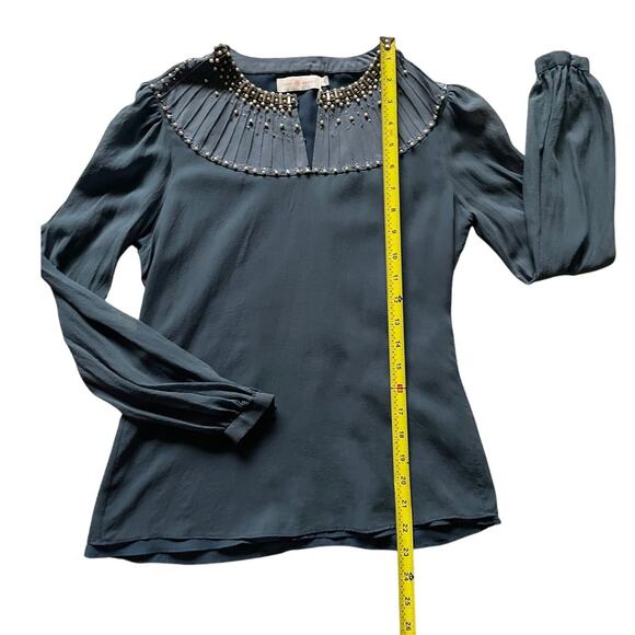 Tory Burch Womens/Teen Silk Sheer Blouse Beaded/Pearl Collar Slate color Size 0 - Picture 8 of 9
